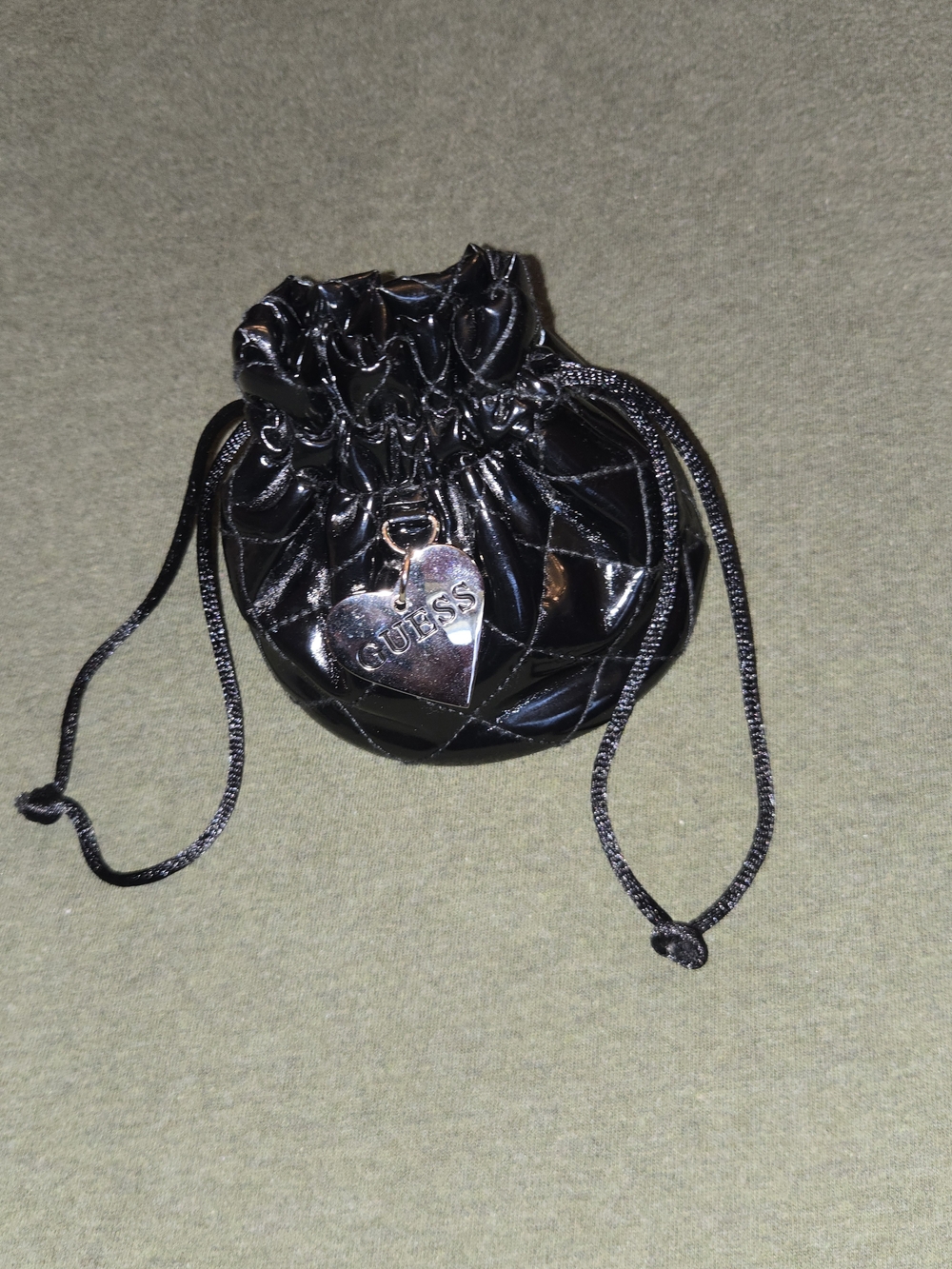 GUESS Black Quilted Drawstring Pouch with Heart Charm